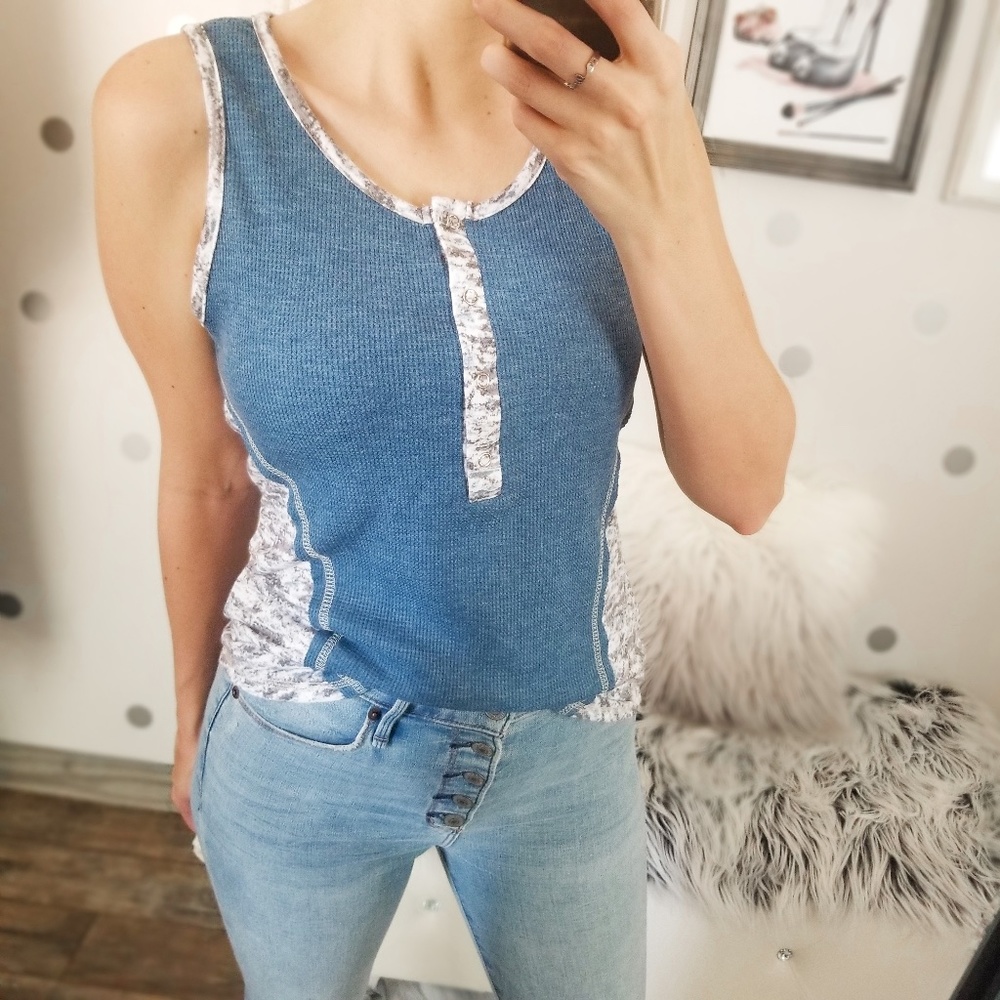 Spring Snap Button Waffle Knit Tank Top Blue Gray Summer Henley Tanks - Picture 1 of 10